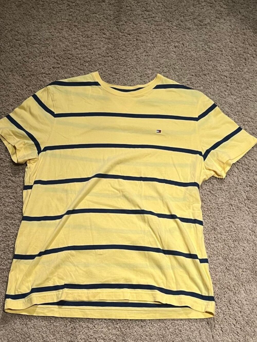 Tommy Hilfiger yellow striped tee with horizontal navy stripes, size M
